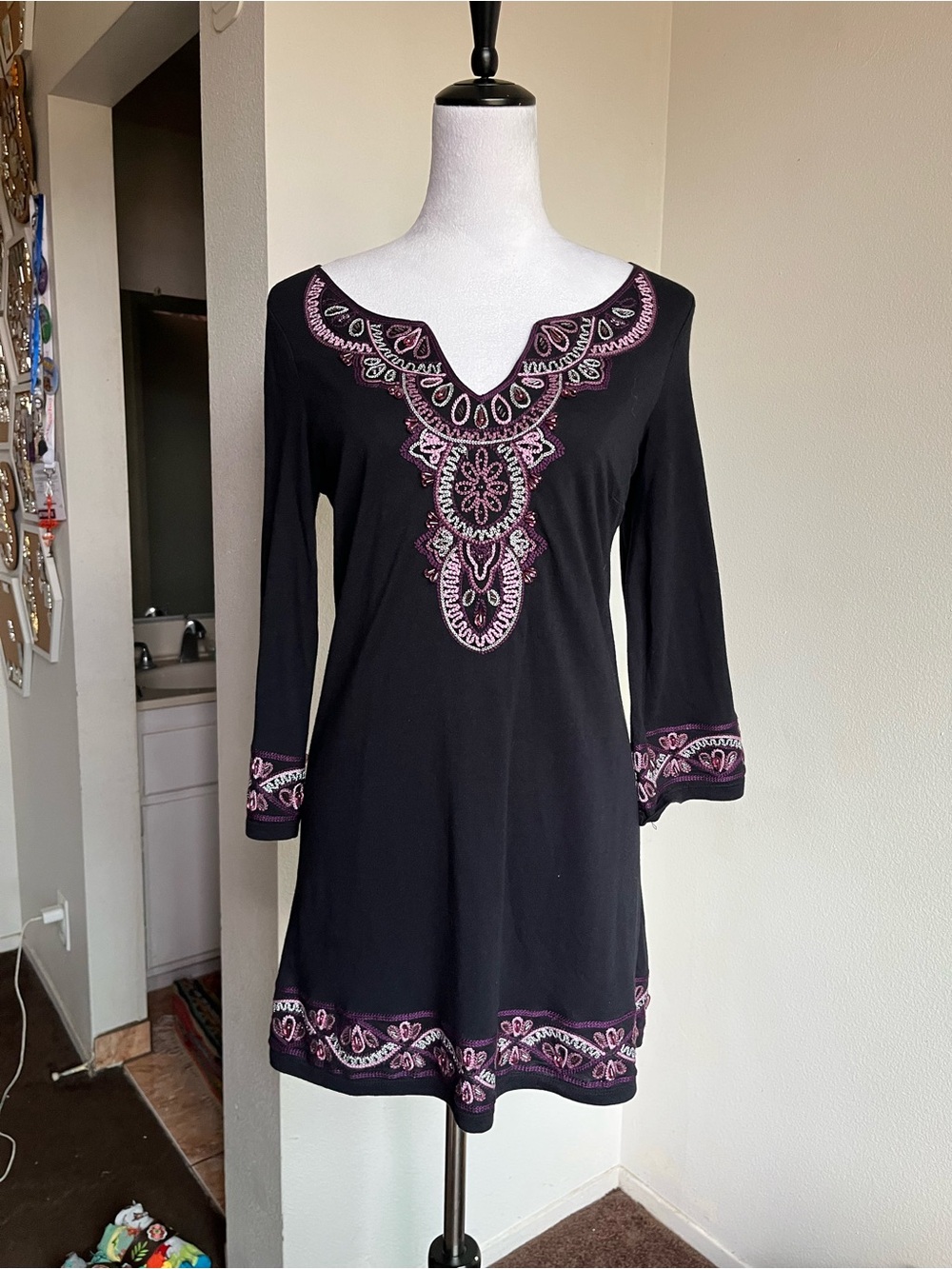 Women's Black & Purple Embroidered Boho/Hippie Mini Dress Size S